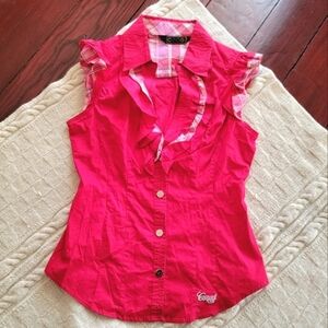 y2k Coogi Snap Button Down Cotton Blouse  Ruffle Red Plaid Accent size Large
